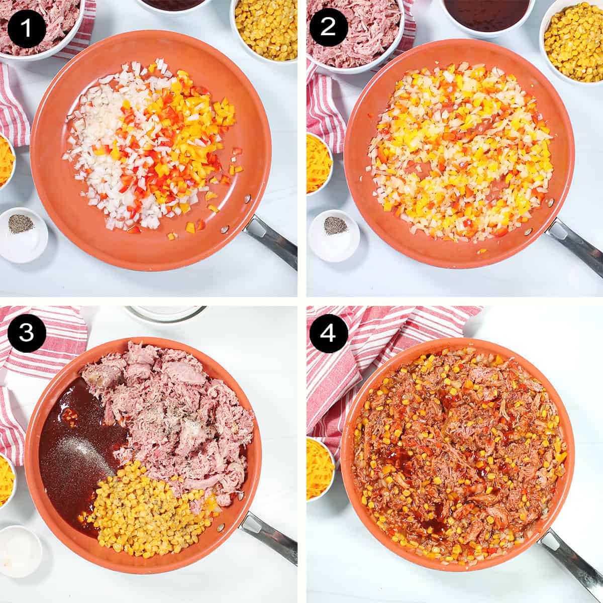 Prep steps for pulled pork casserole filling.