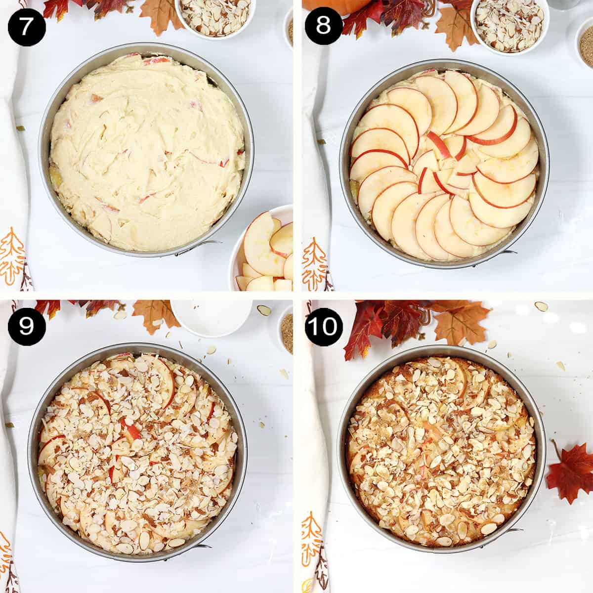 Steps to assemble and bake almond flour apple cake.