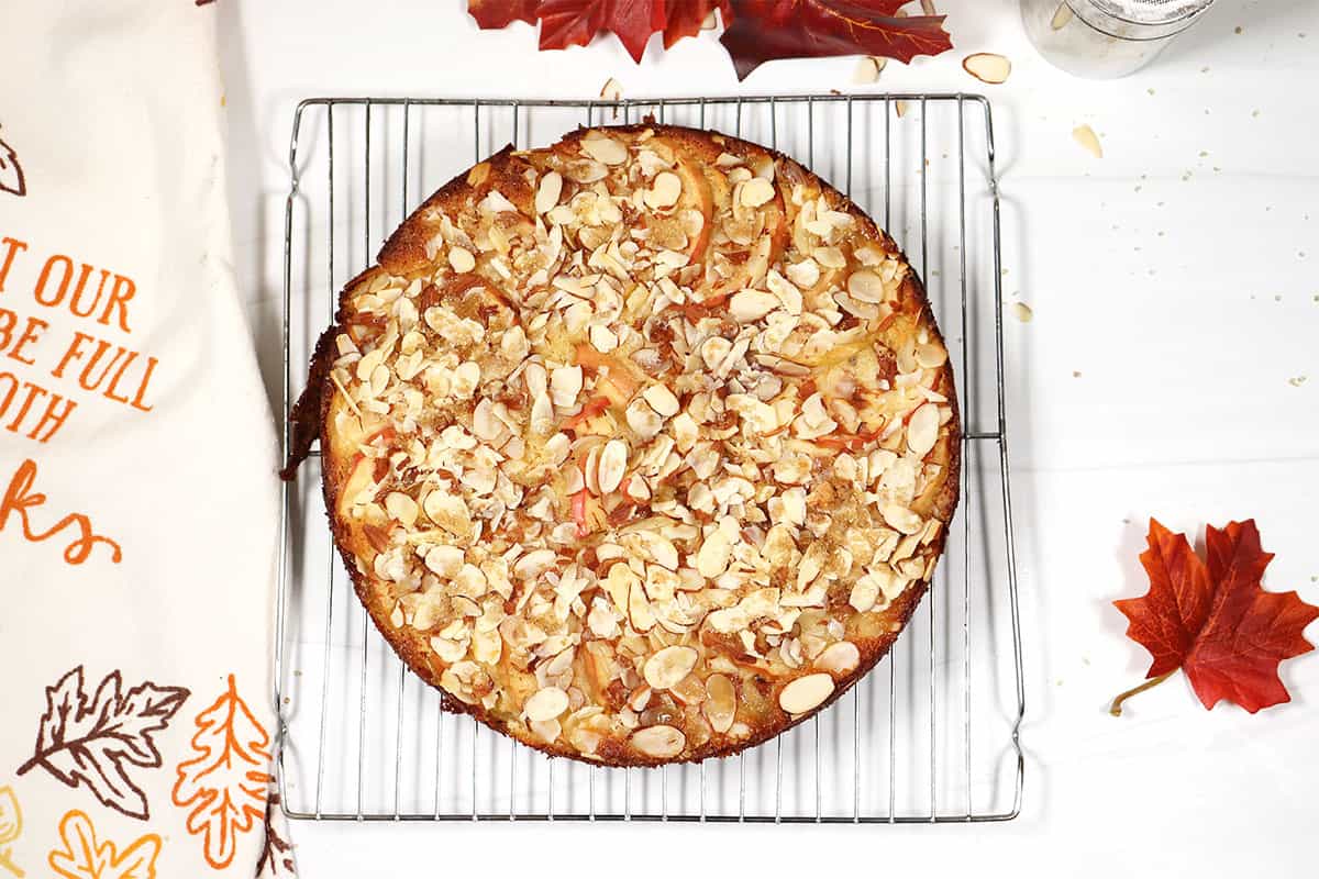 Almond Cake cooling on wire rack.