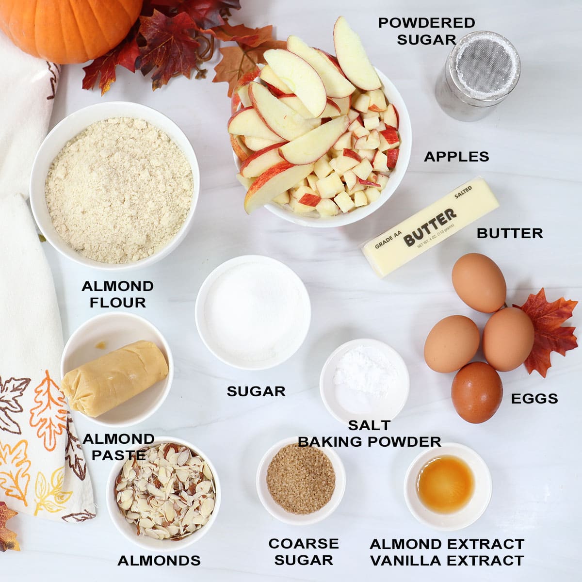 Ingredients for apple cake with almond flour.
