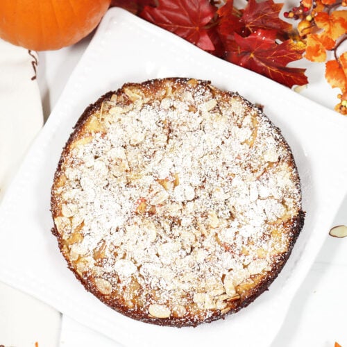 Apple Almond Cake with powdered sugar.