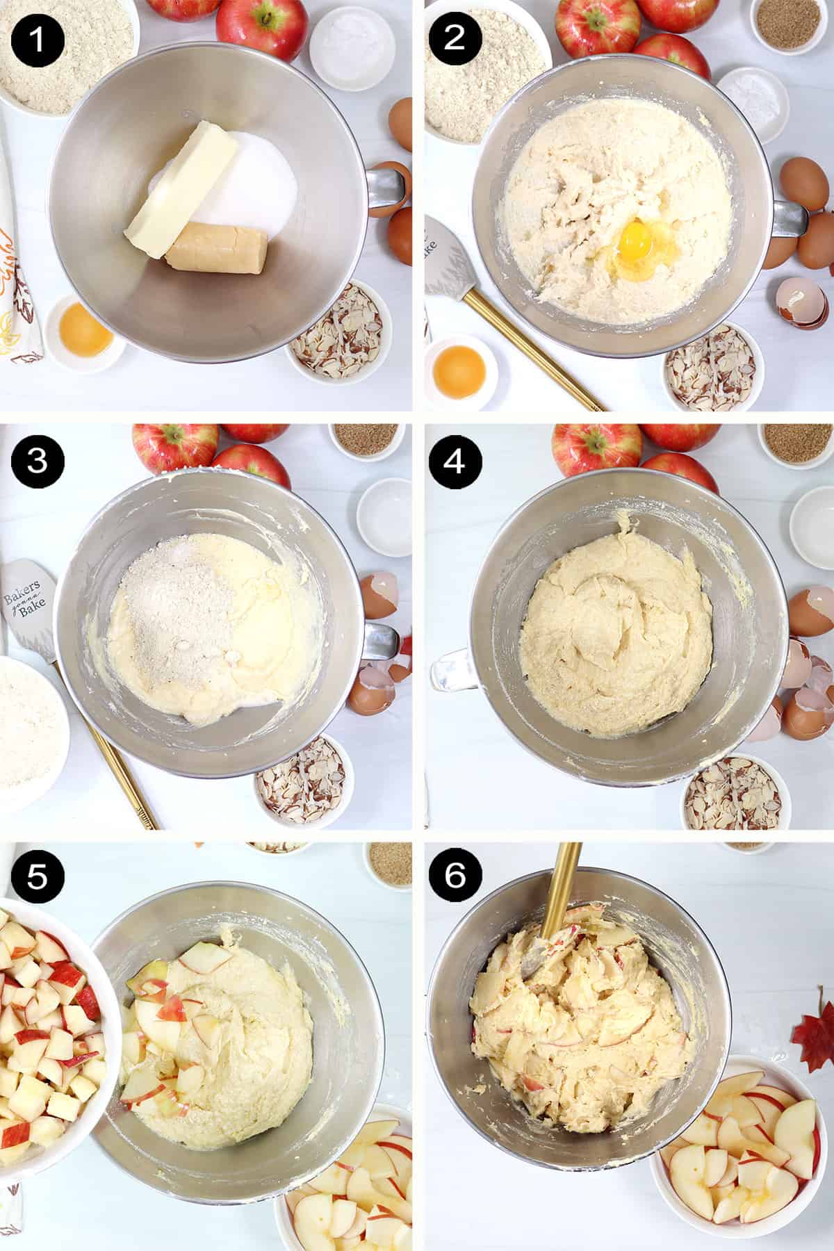 Prep steps to make apple and almond cake batter.