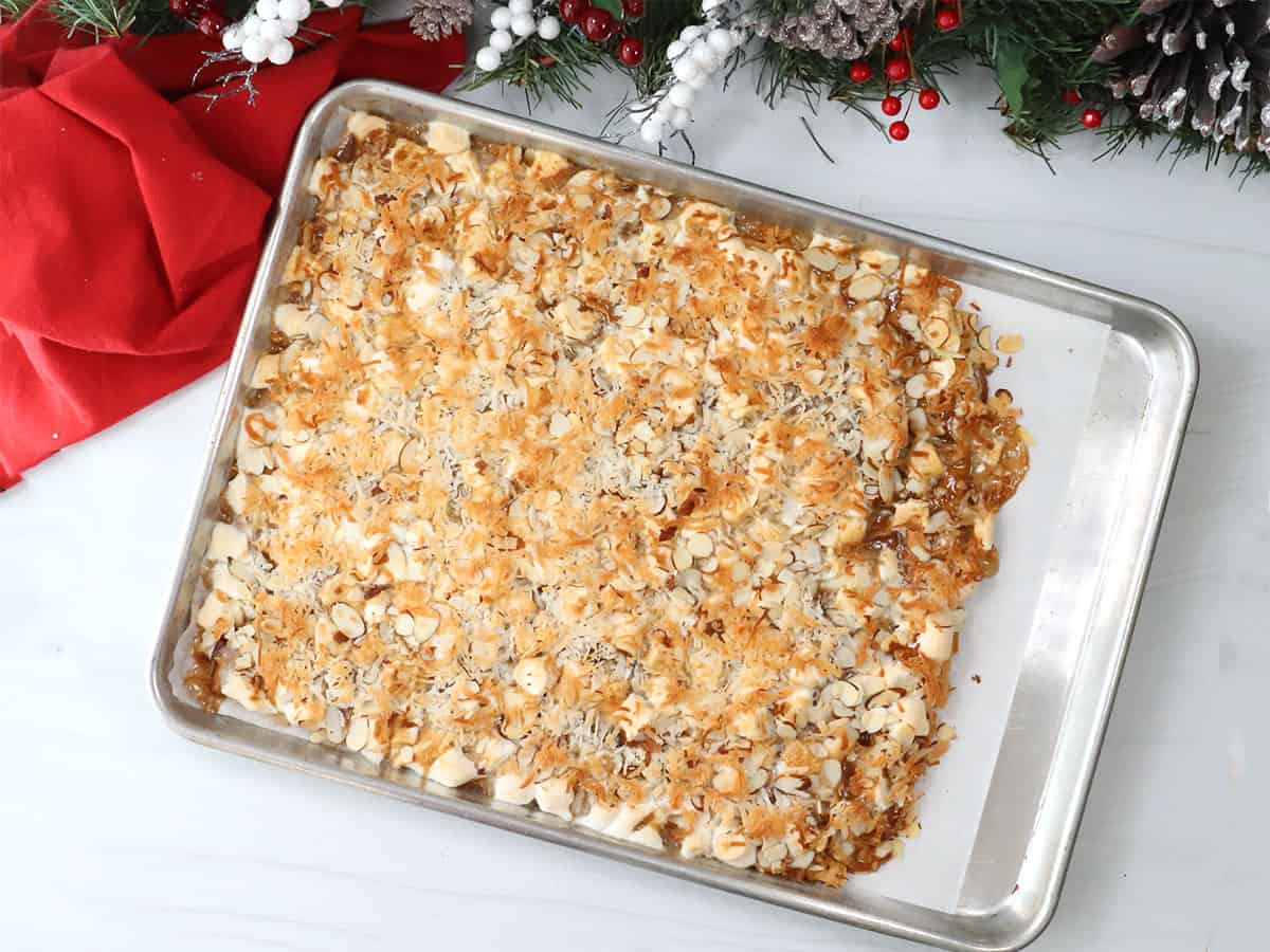 Baked caramel heavenlies on cookie sheet.