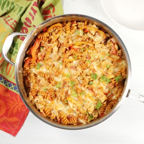 Chicken Fajita Pasta Bake in skillet.