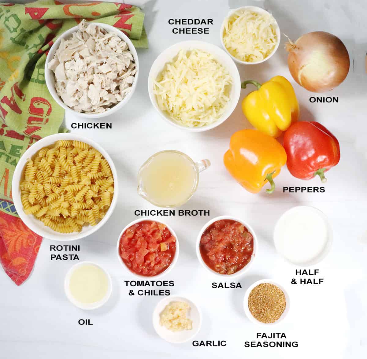 Ingredients for Chicken Fajita Pasta.