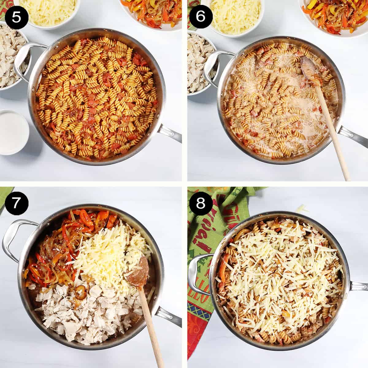Finishing steps 5-8 for Chicken Fajita Pasta recipe.