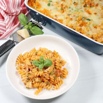 Chicken and Pasta with Vodka Sauce Casserole with serving.