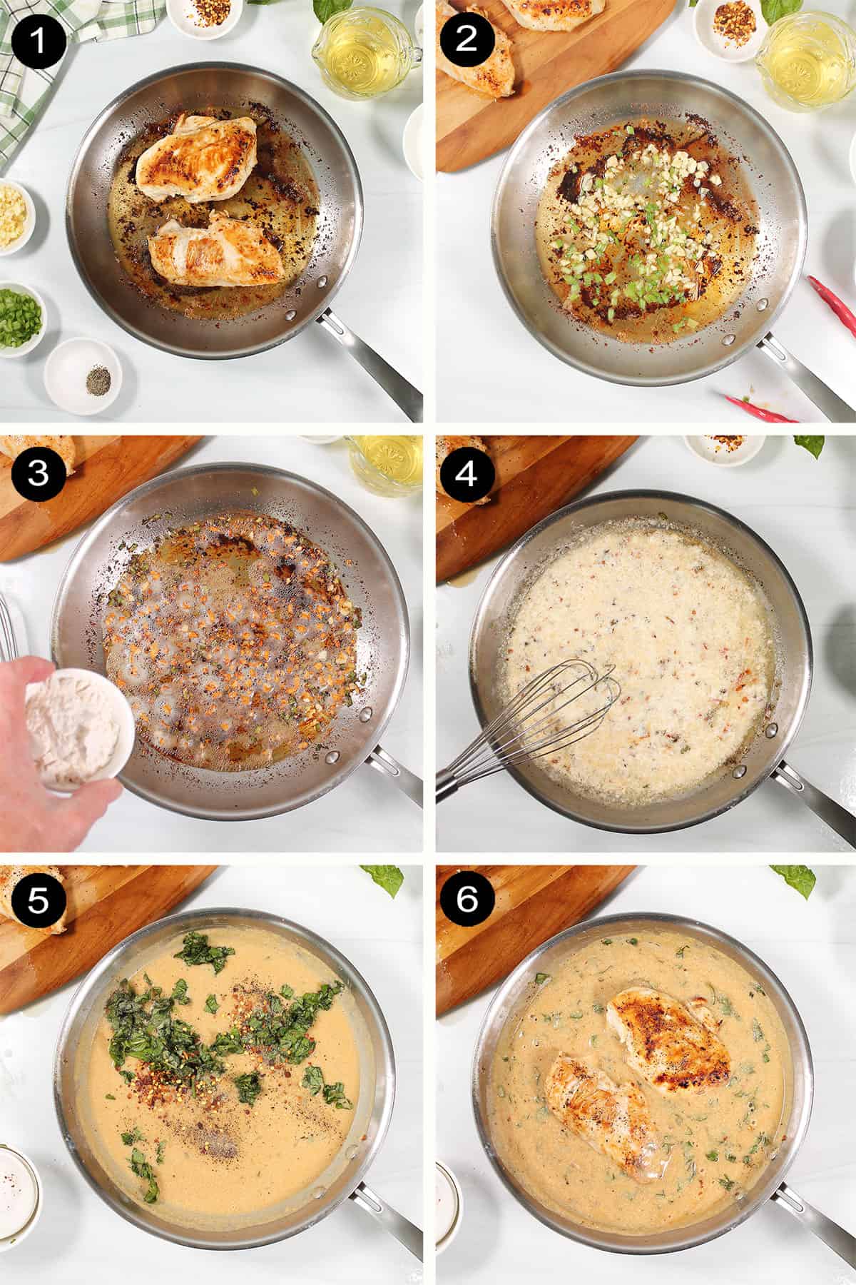 Prep steps for chicken in basil cream sauce.