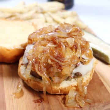 Corned Beef Burger with Guinness caramelized onions on roll.