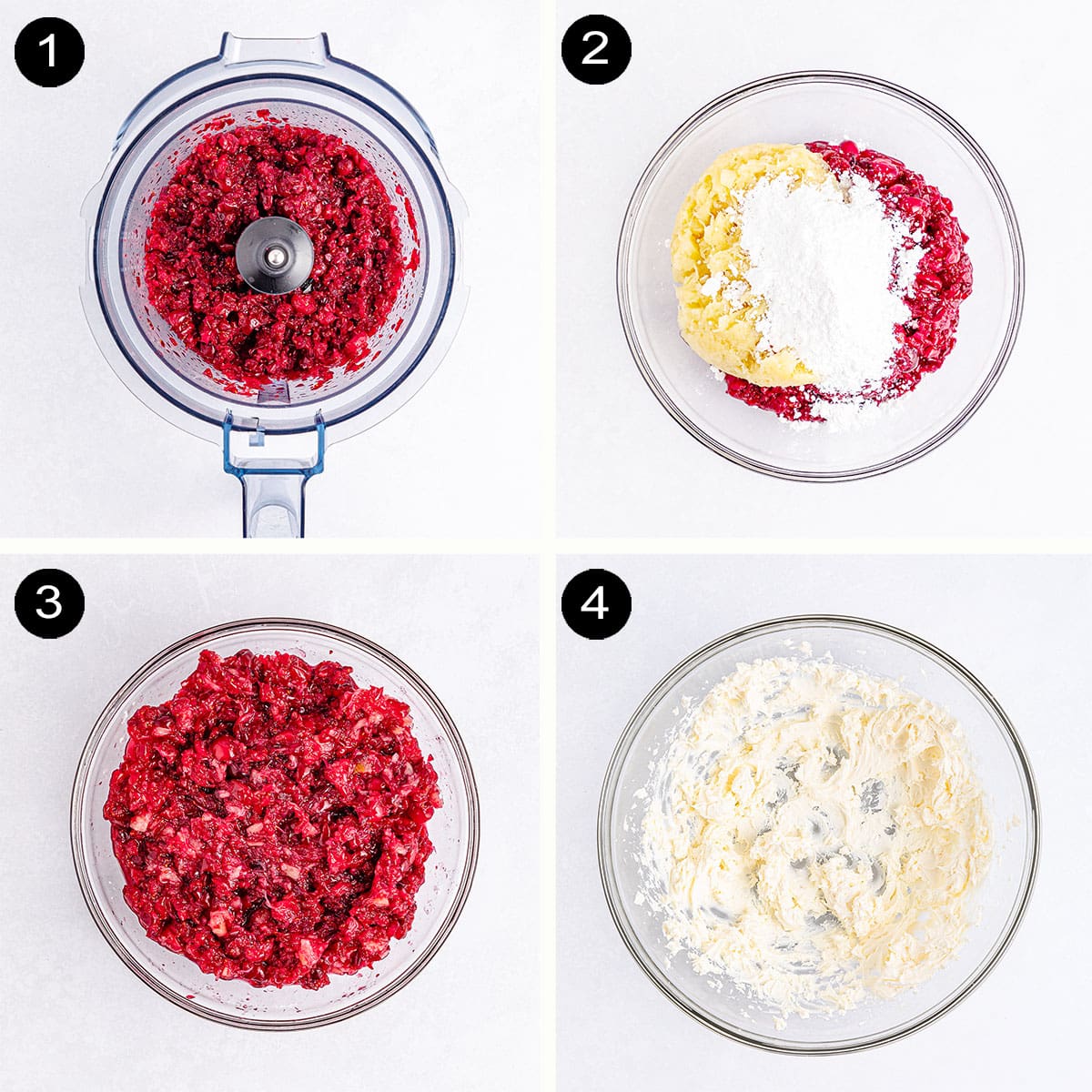 Steps 1-4 to prepare cranberry-pineapple mixture for cranberry fluff recipe.