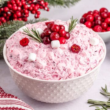 Cranberry Fluff in bowl with cranberry garnish.