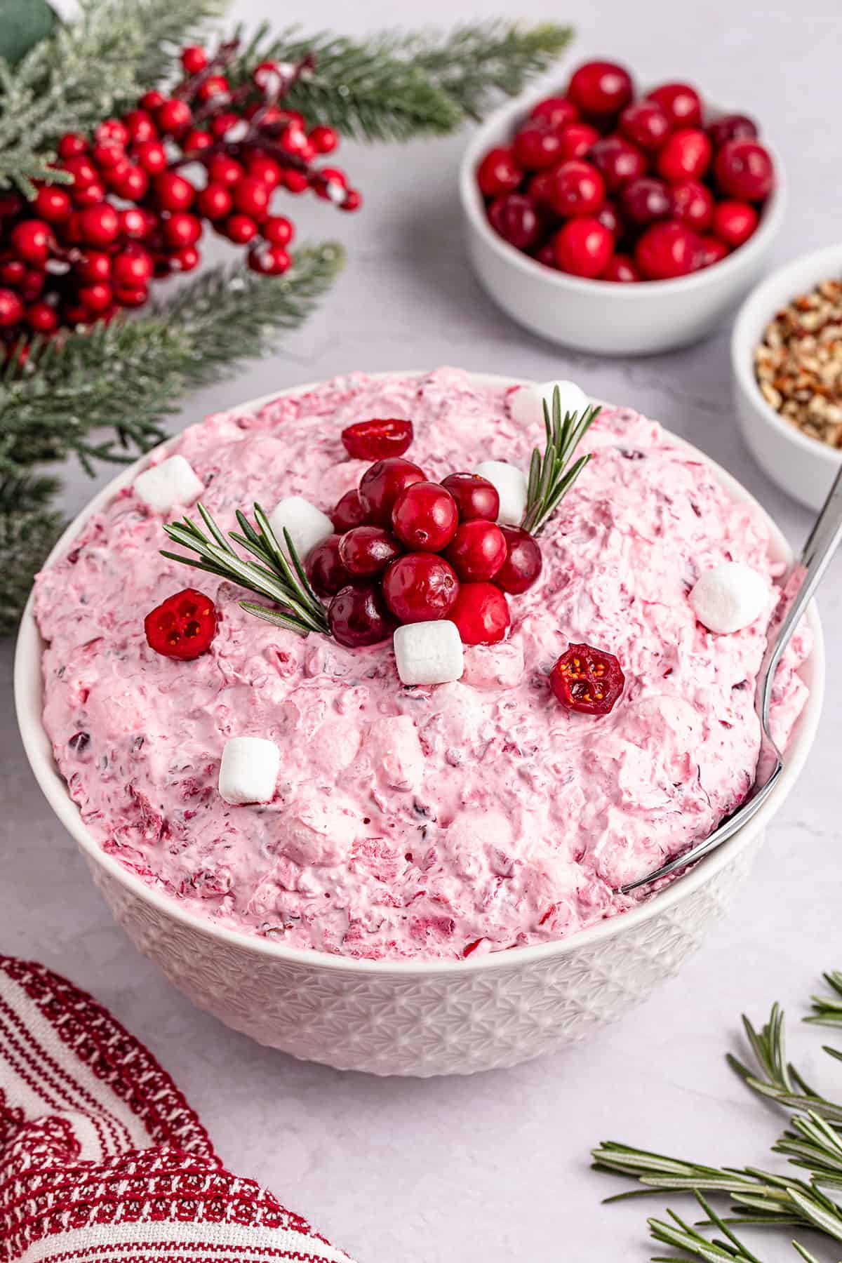 Cranberry Fluff Salad in bowl garnished with cranberries and rosemary.