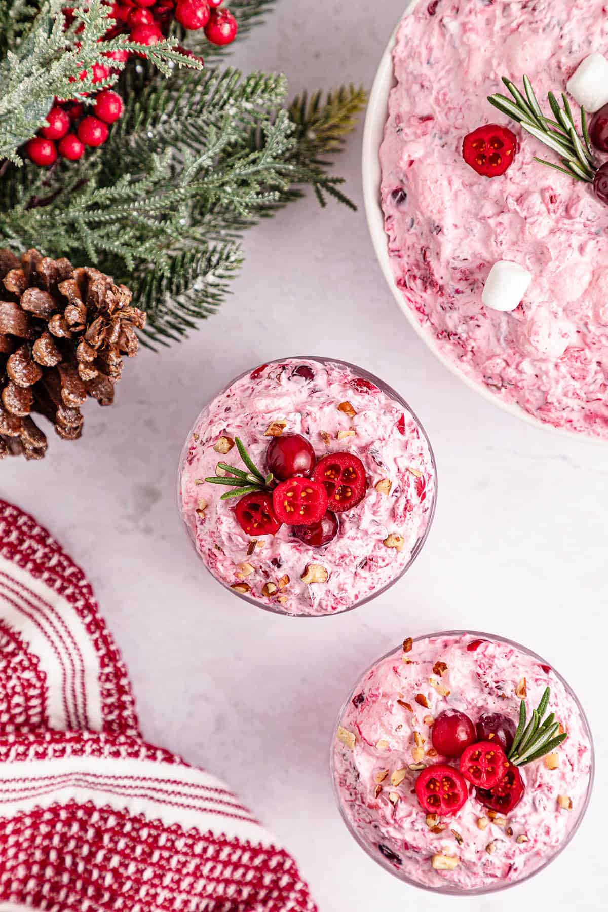 Two servings of Cranberry Fluff with Cool Whip.