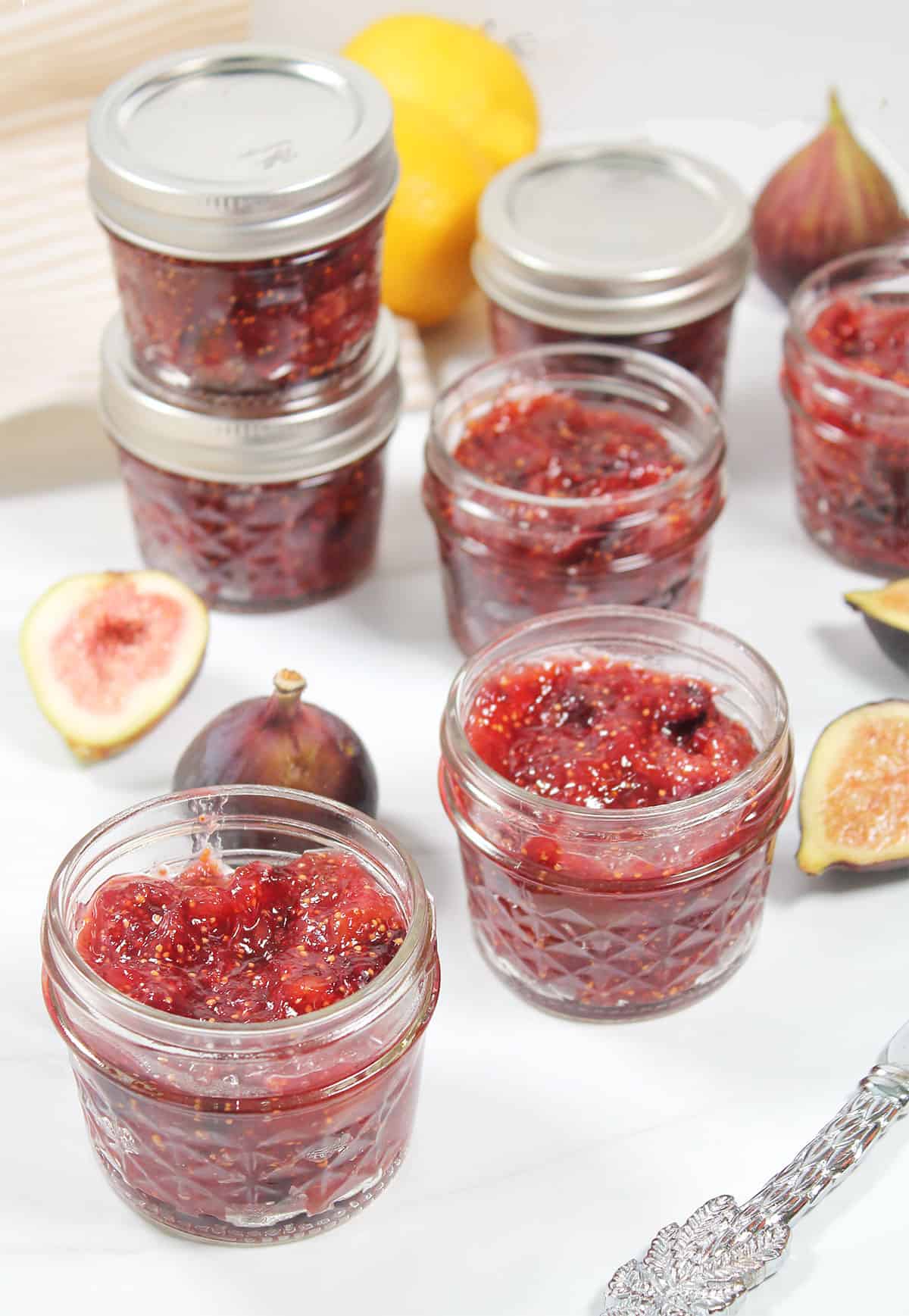 Jarred fig jam ready for the fridge or freezer.