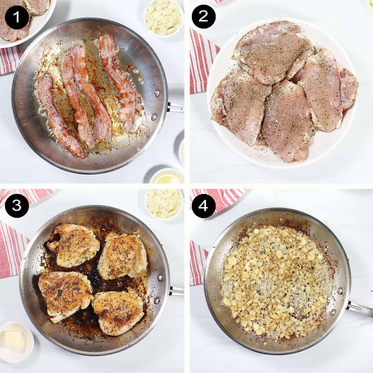 Steps 1-4 to make Parmesan coated chicken thighs.