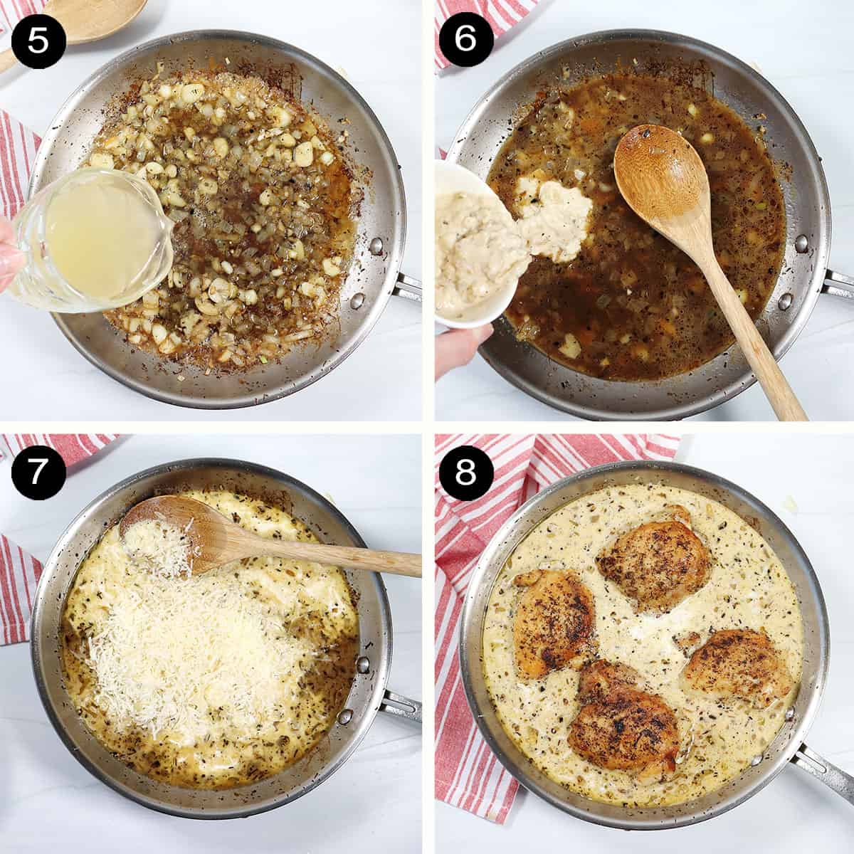 Steps 5-8 to make creamy garlic chicken thighs recipe.