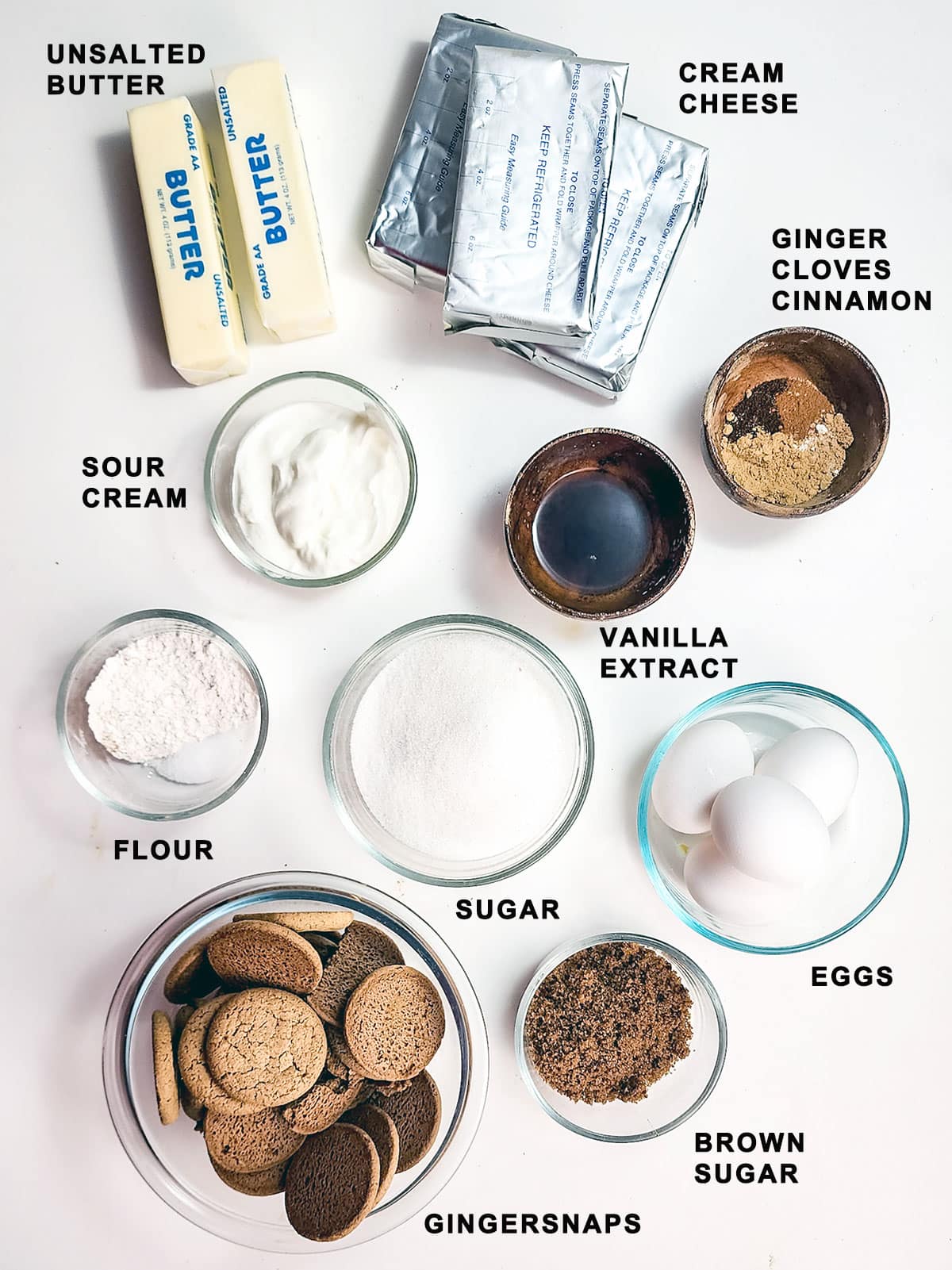 Ingredients for Gingerbread Swirl Cheesecake.