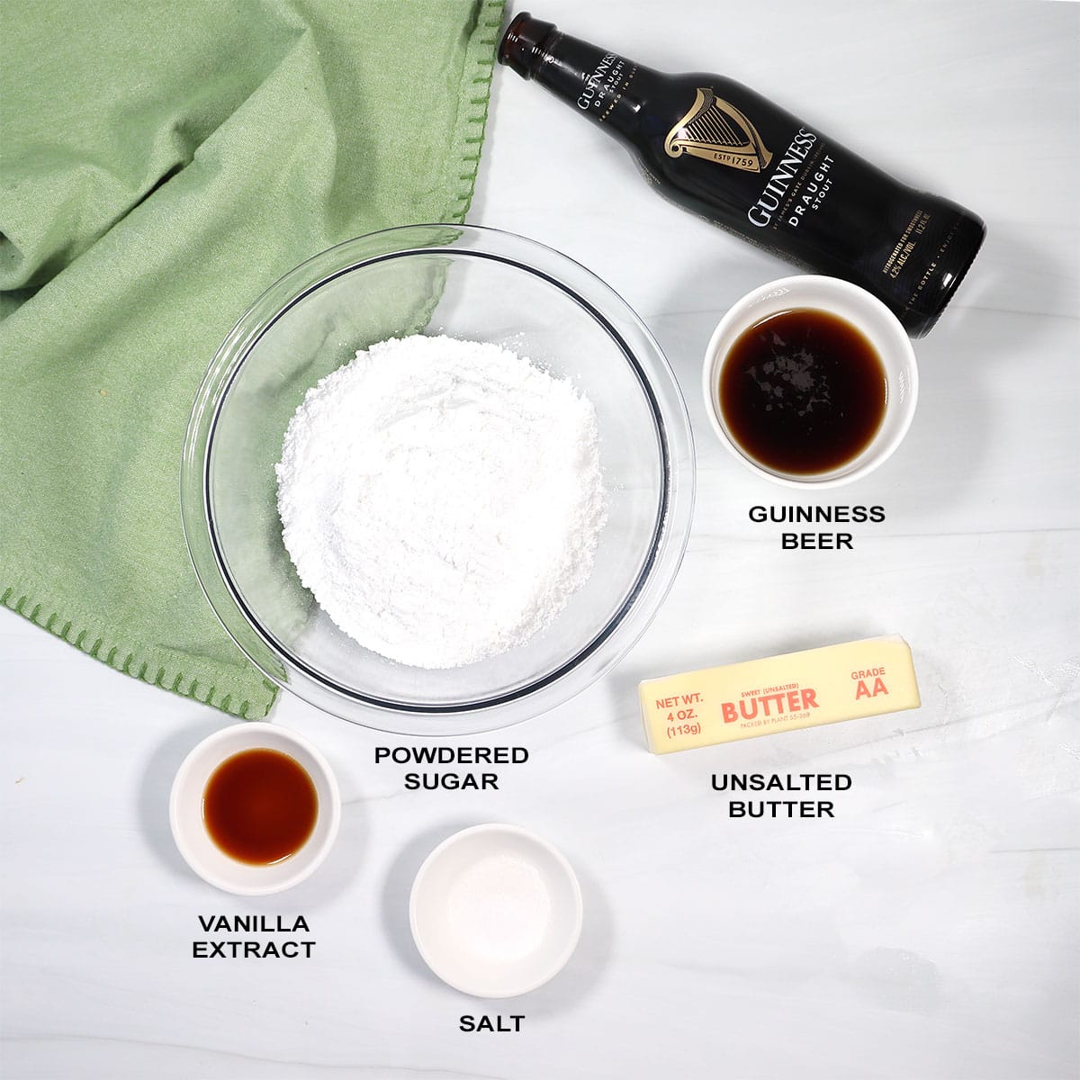 Ingredients for buttercream frosting for Guinness Brownies.