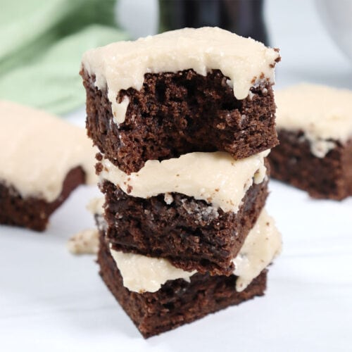 Stacked Guinness Brownies with buttercream frosting.