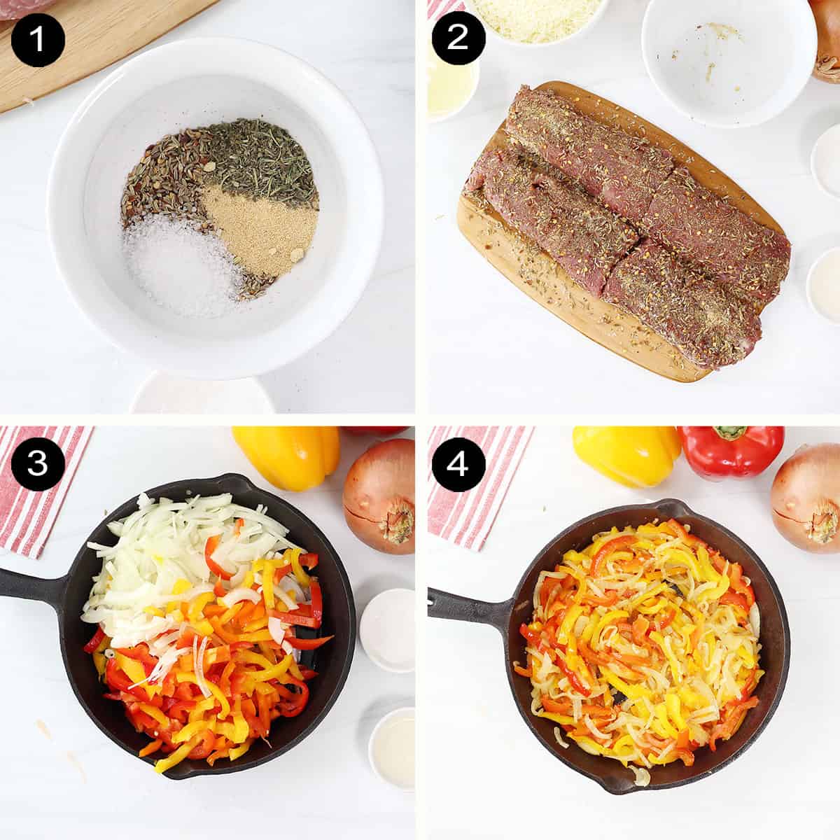 Steps 1-4 to prepare seasoning and saute peppers and onions.