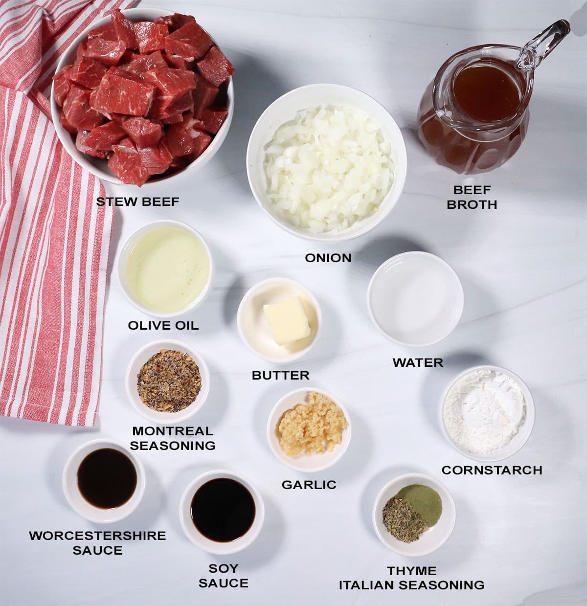 Instant Pot Beef Tips with brown gravy ingredients.