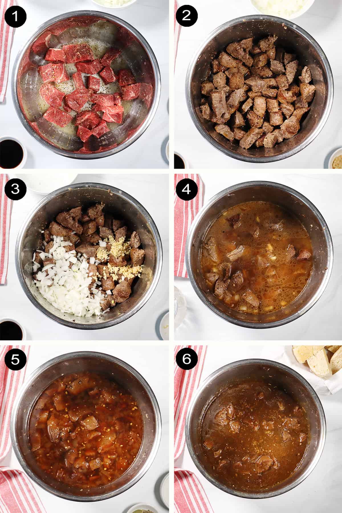 Steps to make beef tips and gravy.