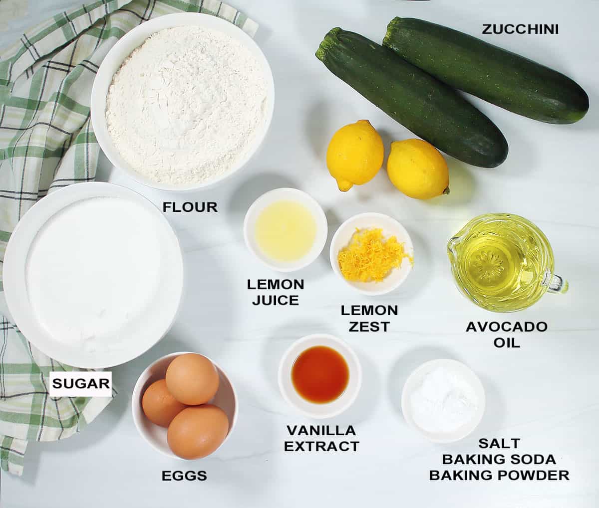 Ingredients for Lemon Zucchini Bread recipe.