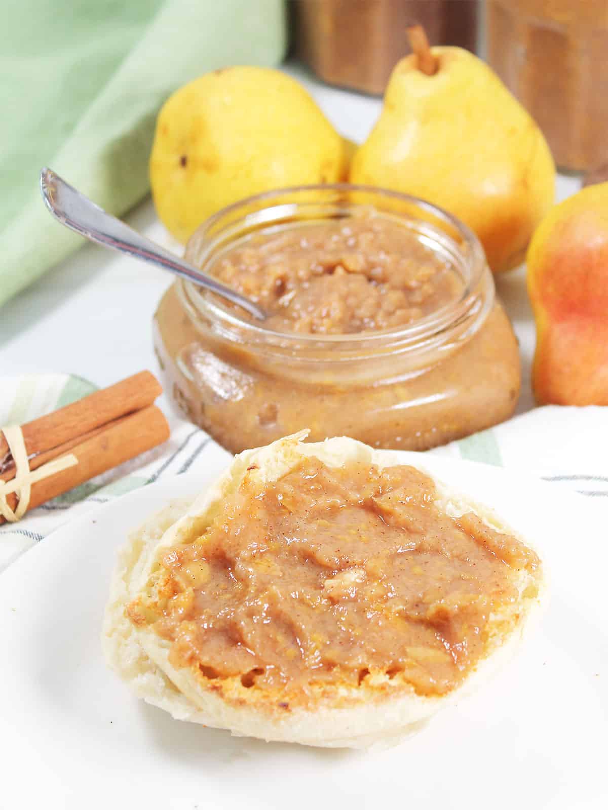 Pear Butter spread on muffin.