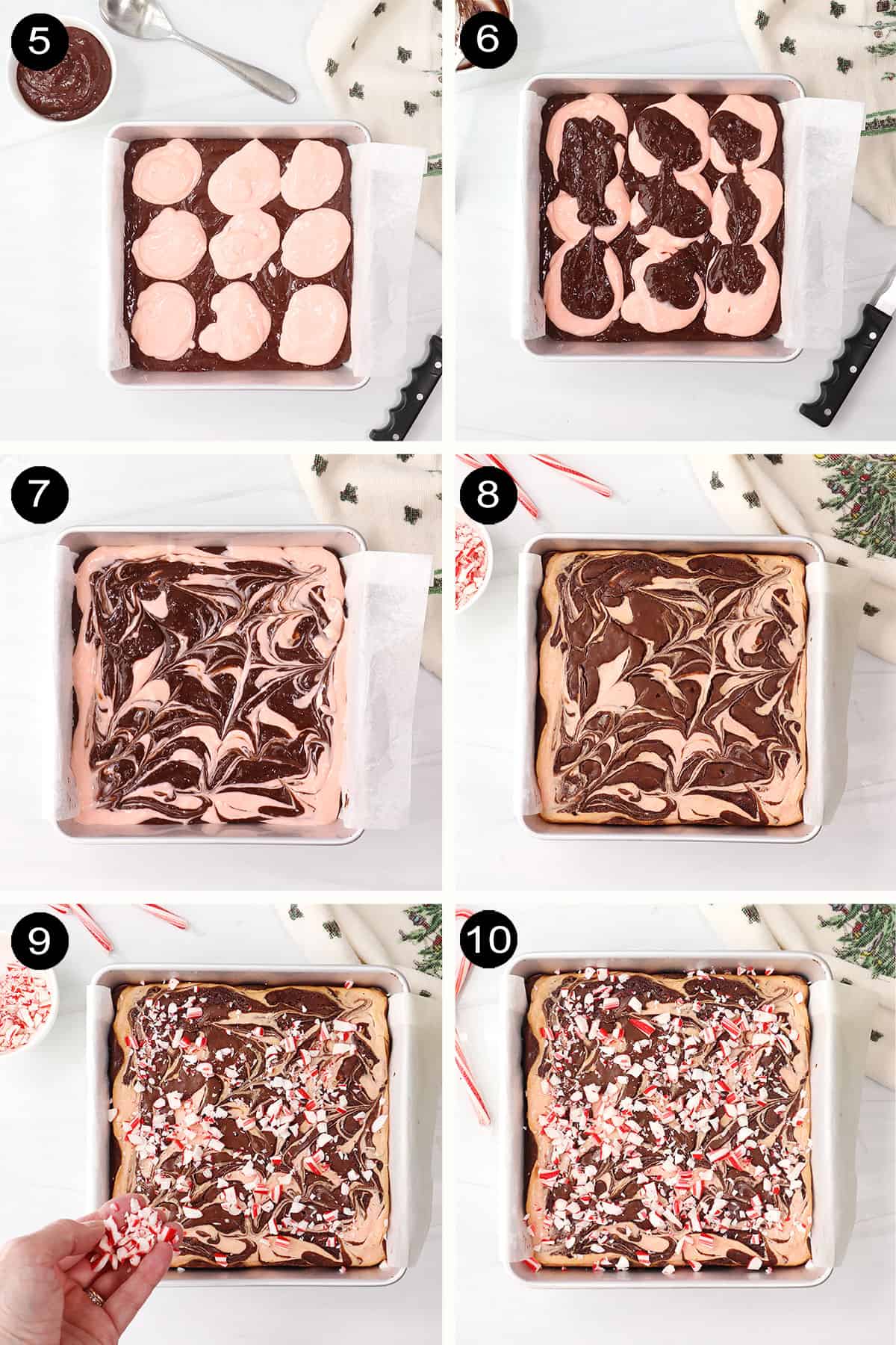 Prep steps for assembling and baking cream cheese peppermint brownies.