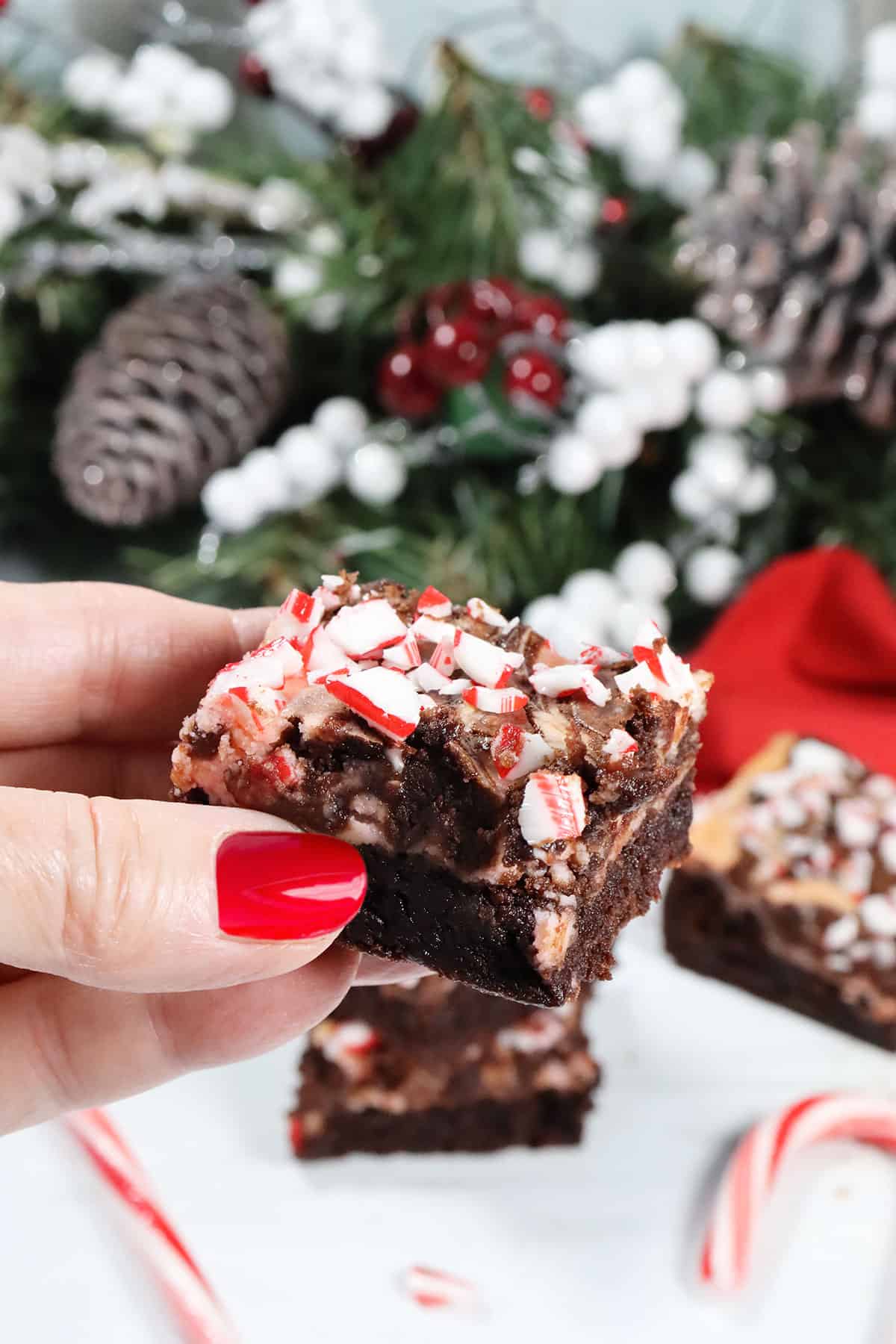 Holding peppermint chocolate brownie.