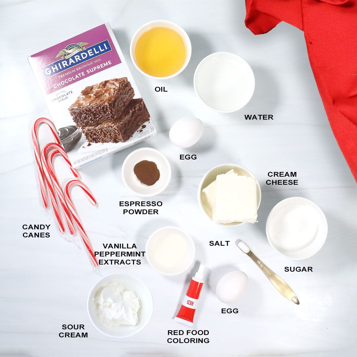 Ingredients for peppermint chocolate brownies.