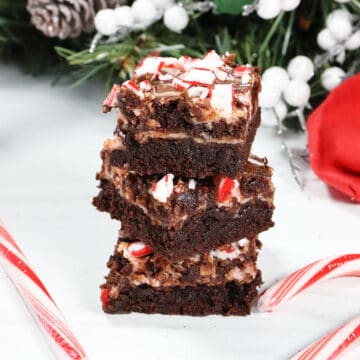Peppermint Candy Cane Swirl Brownies stacked.