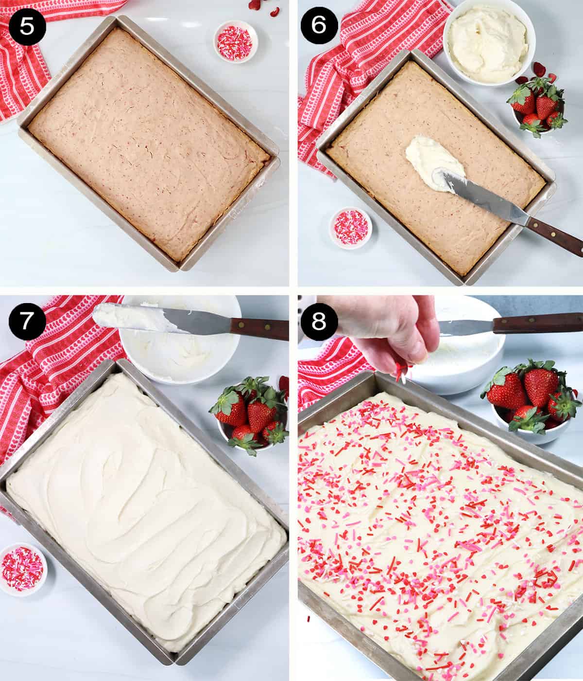 Frosting cake and decorating with sprinkles.