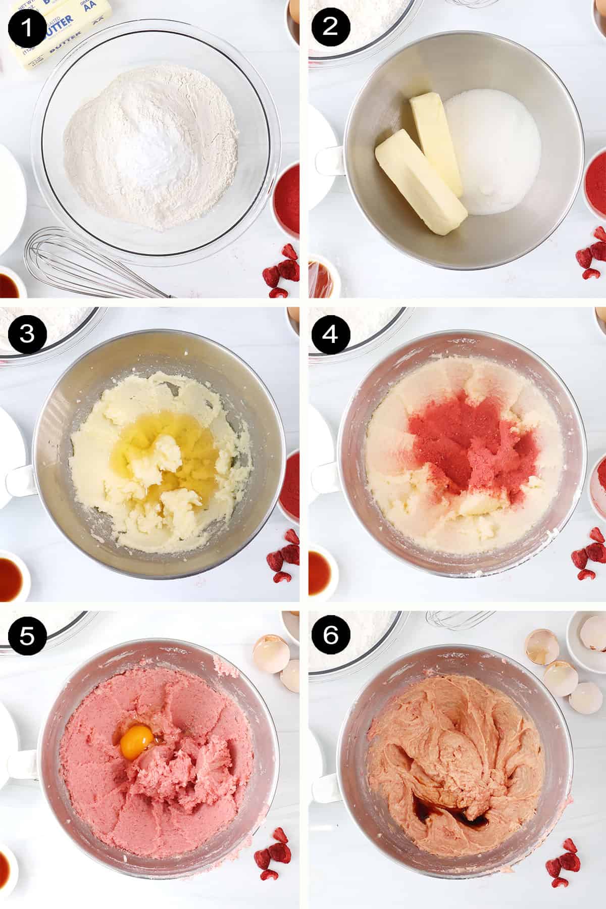 Steps 1-6 to make pink velvet cake recipe.