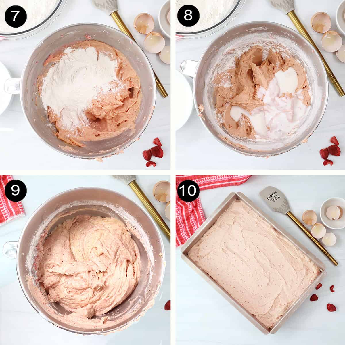 Steps 7-10 to make batter for Pink Velvet Cake.