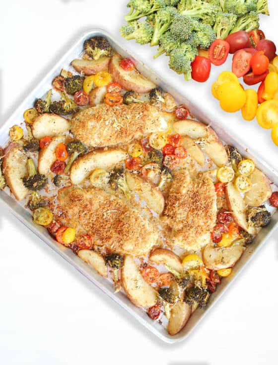 Sheet Pan Parmesan Crusted Chicken with Broccoli and Potatoes