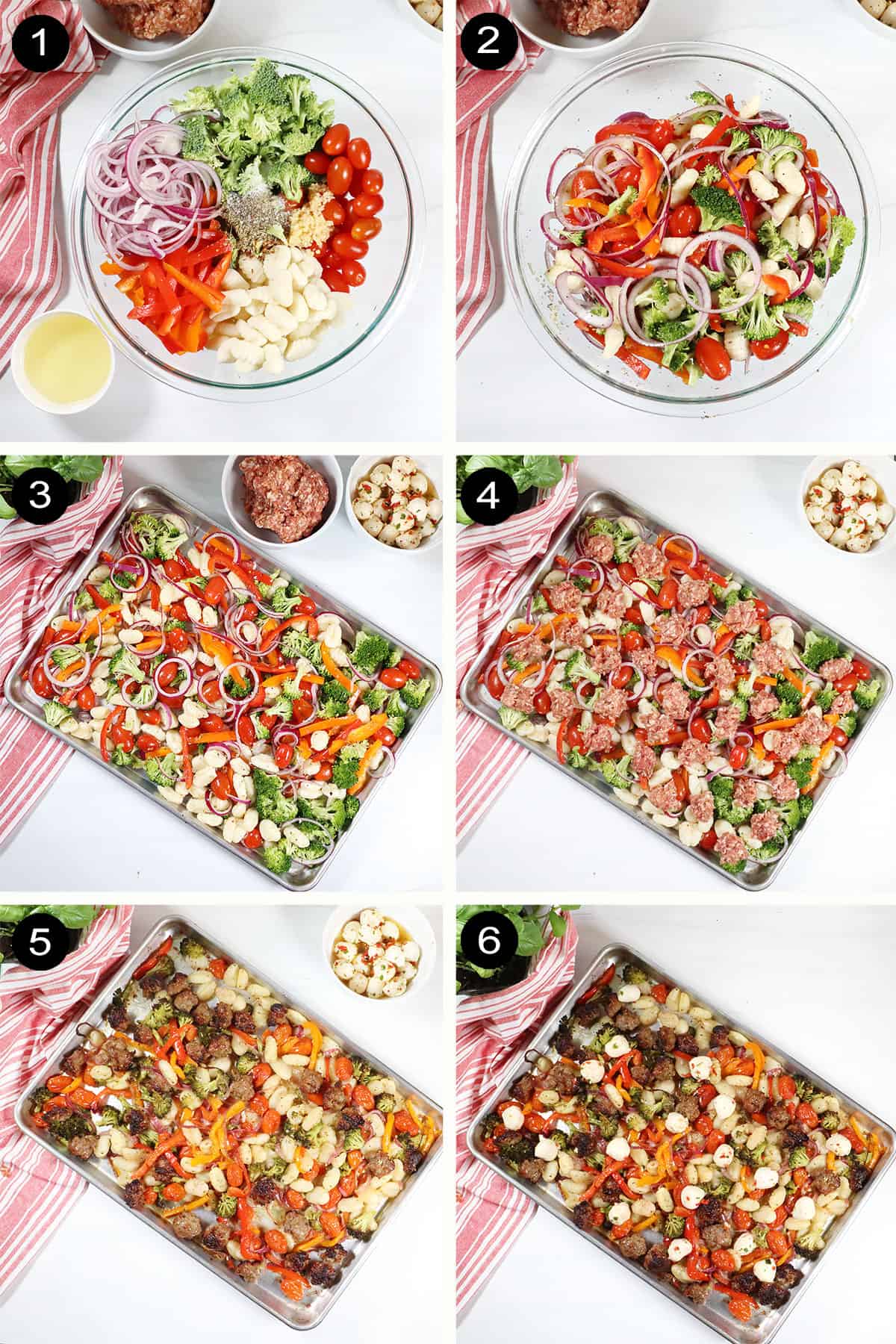 Steps to make sheet pan gnocchi with sausage and vegetables..