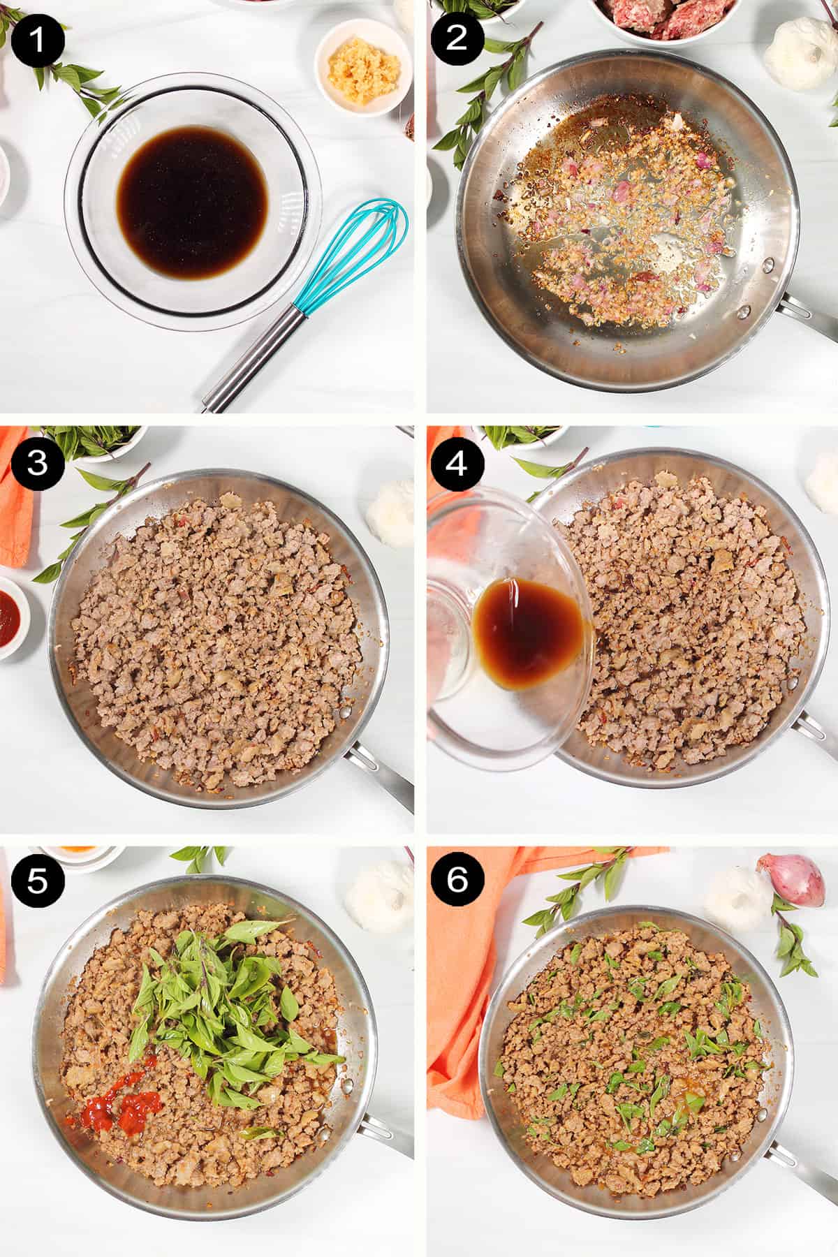Prep steps to make Thai Basil Ground Pork.