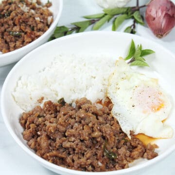 Closeup of serving of Thai Basil Pork with rice and fried egg.