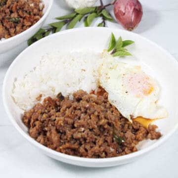 Thai Basil Pork serving in bowl.