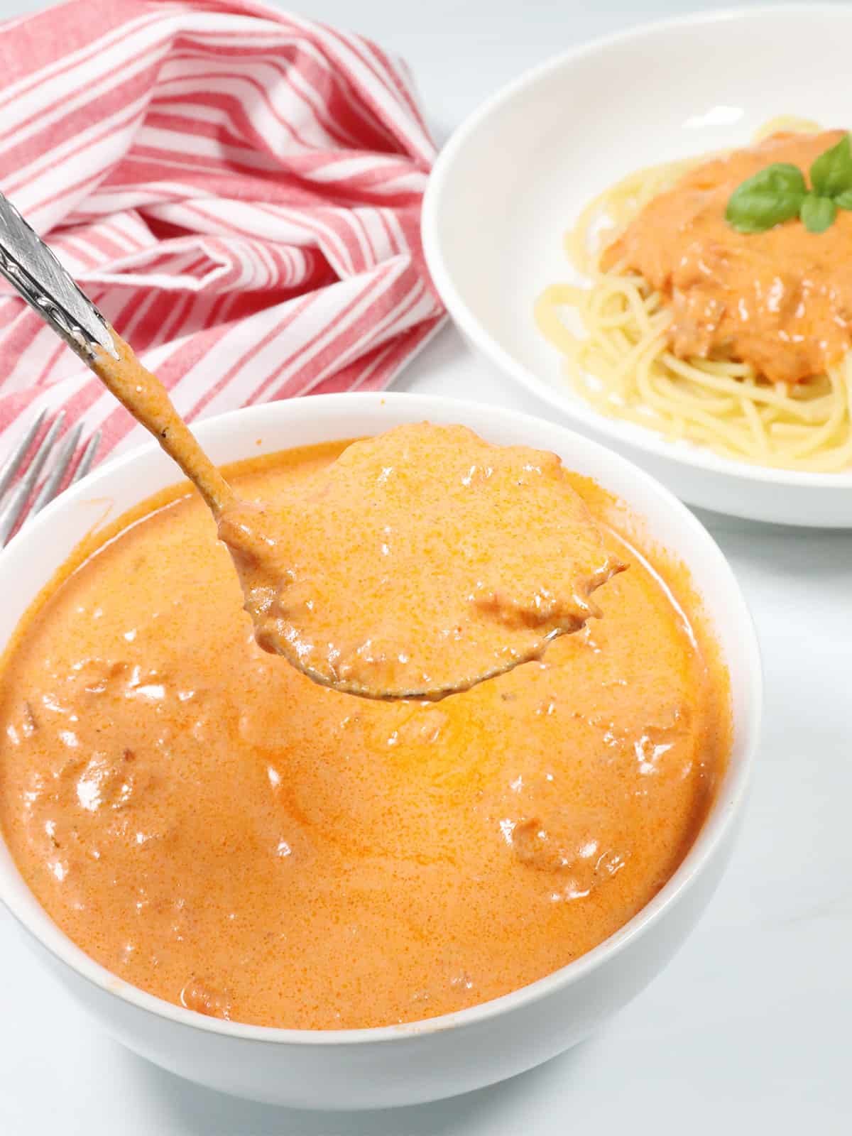 Ladleful of homemade vodka sauce.