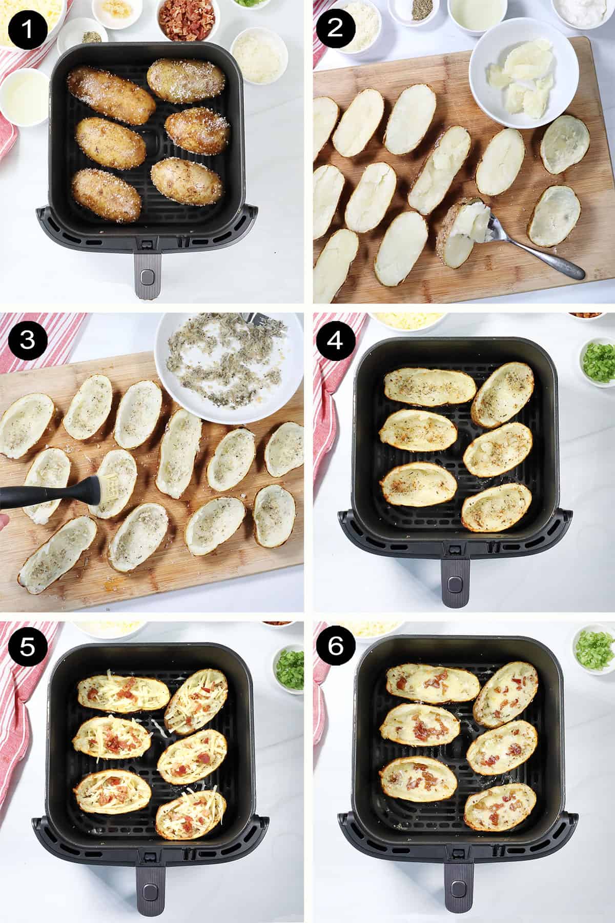 Steps to make air fried potato skins.