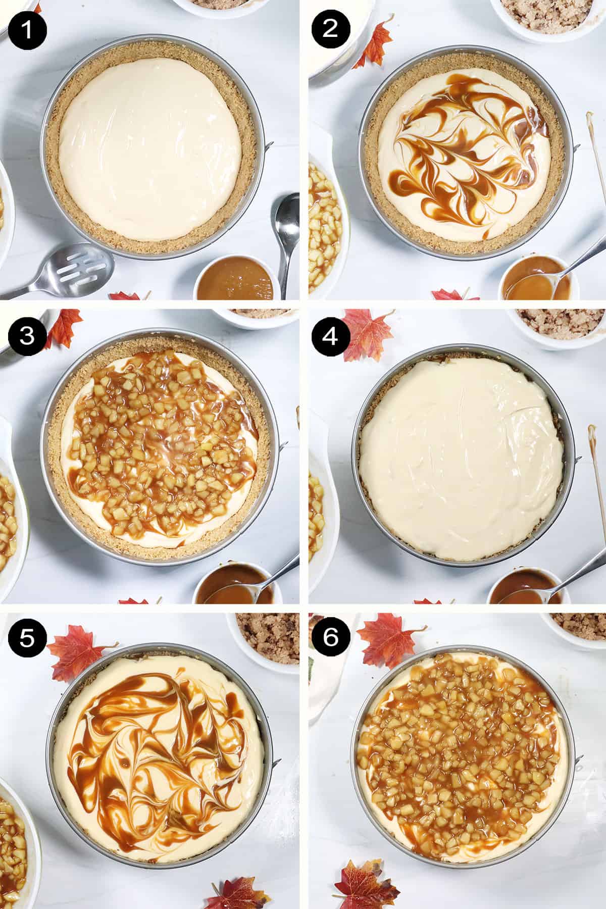 Steps to layer apple pie cheesecake.