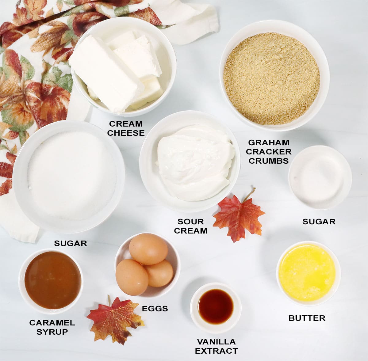 Apple cheesecake and graham cracker crust ingredients.