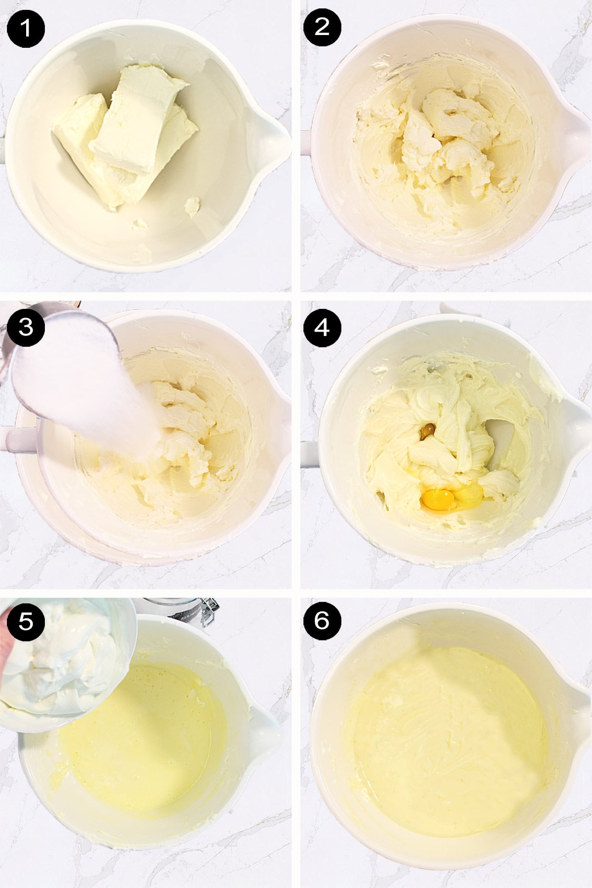 Steps to make cheesecake batter.