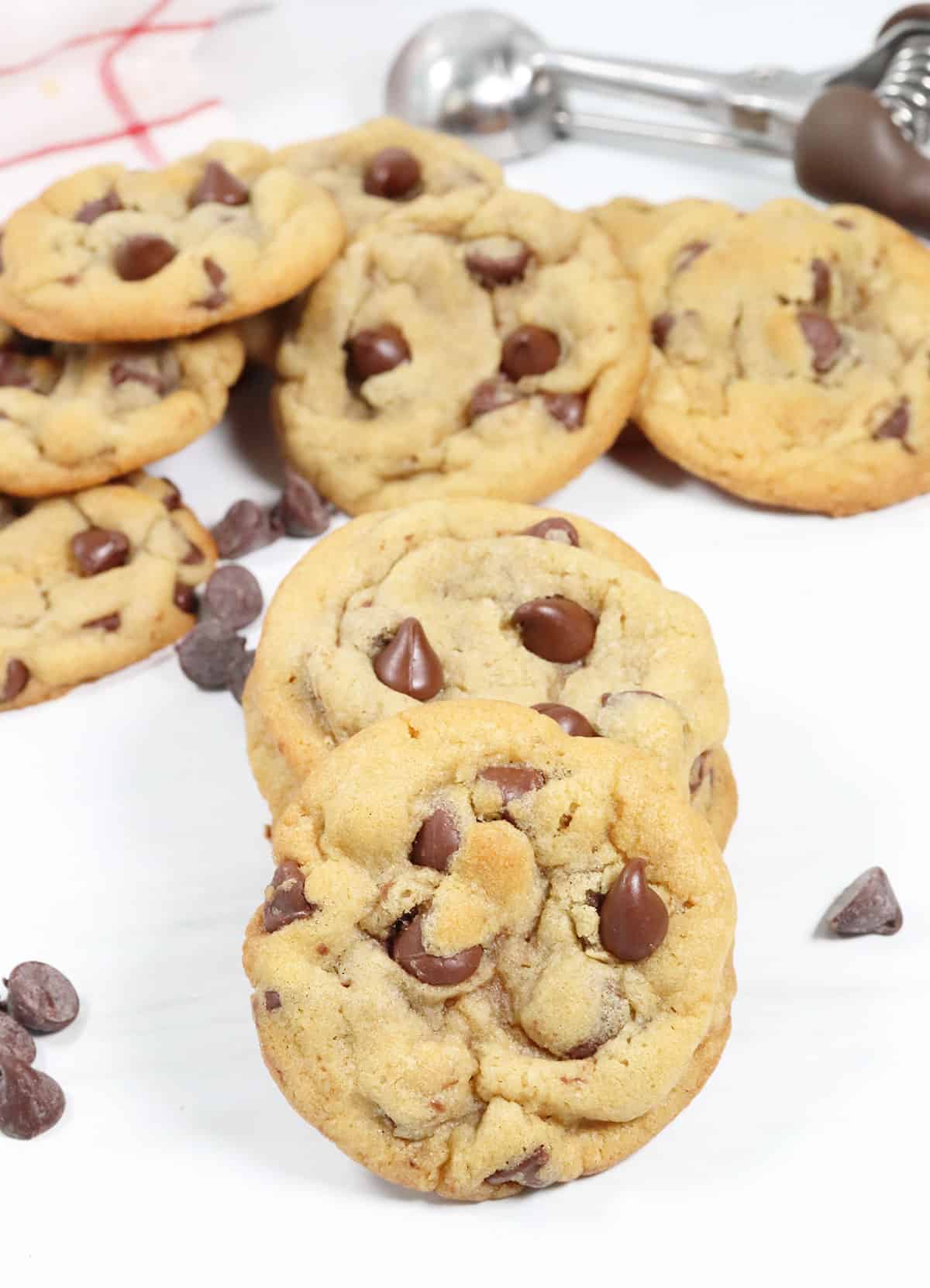 Chewy Chocolate Chip Cookies on table.