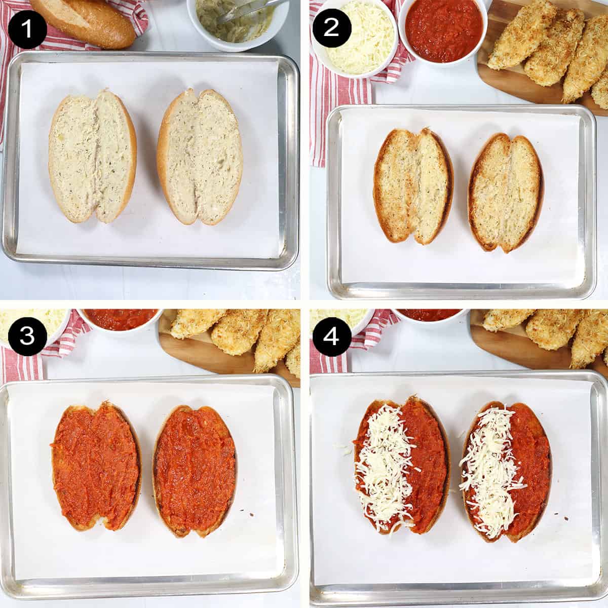 Assembling chicken parmesan sandwiches steps 1-4.