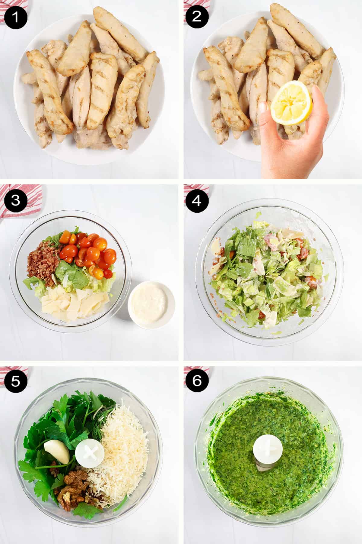 Prep for each of the filling ingredients in Chicken Caesar Salad Wrap.